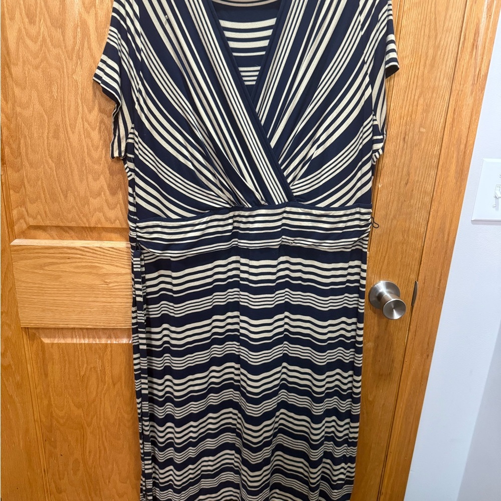 Talbots Navy and Cream Striped Wrap-Front Mid length Dress